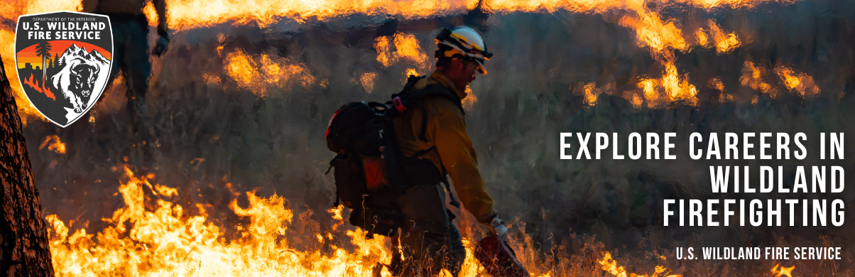 US Wildland Fire logo atop a background image of a firefighter working on a prescribed fire